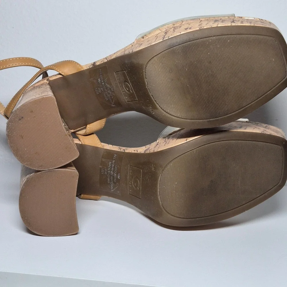 GBG Cork Platforms Acrylic Logo Ankle Strap 70s Vibes Vintage Aesthetic Bold 10M
